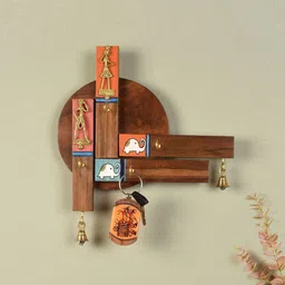 AAKRITI ART CREATIONS Brown & Orange-Colored Tribal Grid Printed Wooden Key Holders-image-92