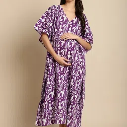 Secret Wish Floral Printed V-Neck Pure Cotton Maternity Maxi Kaftan Nightdress-image-69
