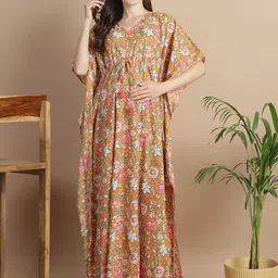 Secret Wish Floral Printed V-Neck Cotton Maternity Kaftan Dress-image-85