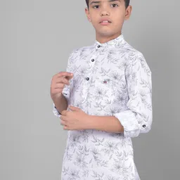Crimsoune Club Boys Floral Printed Band Collar Roll Up Sleeves Straight Kurta-6