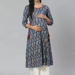 anayna Women Blue Cotton Ethnic Motifs Printed Block Print Maternity Kurta-picture-22
