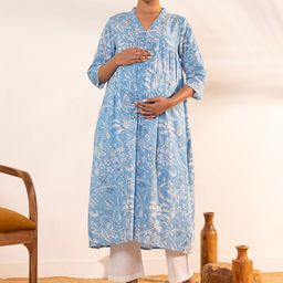 Janasya Women's Sky Blue Cotton Floral Printed A-Line Maternity Kurta-10