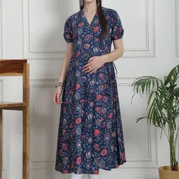 Secret Wish Floral Printed Puff Sleeves Cotton Maternity Pleated A-Line Kurta-image-63