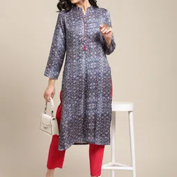 Varanga Blue & White Floral Printed Mandarin Collar Woolen Straight Kurta-image-96