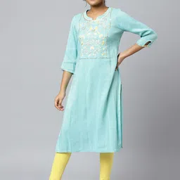 AURELIA Women Blue Ethnic Motifs Yoke Design Thread Work Kurta-image-55