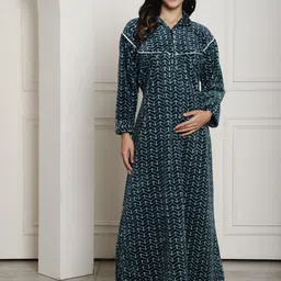 Secret Wish Geometric Printed Shirt Collar Maxi Maternity Nightdress-image-35