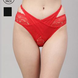 CUKOO Women Pack Of 2 Red & Black Solid Bikini Lace Briefs-image-49