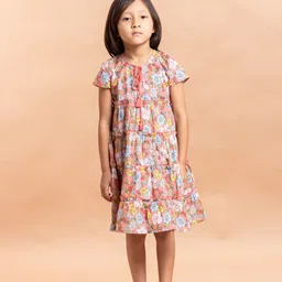 Sangria Girls Peach-Coloured Floral Printed Tie-Up Neck Pure Cotton Tiered A-line Dress-picture-16