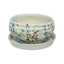 LASAKI White & Blue Textured Ceramic Planter With Tray Plate-43