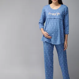 Zeyo Women Blue & White Conversational Printed Cotton Maternity Pyjama Set-image-69