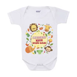 KNITROOT Infant Kids White & Yellow Blessed Dadu Printed Cotton Bodysuit-image-99