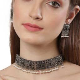 Shining Diva Oxidised Silver-Plated White Beaded Jewellery Set-54