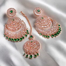 ZENEME Rose Gold-Plated & AD Studded Maang Tikka & Earrings Set-24