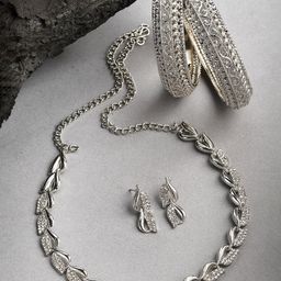 ZENEME Silver-Plated American Diamond Studded Jewellery Set-image-3