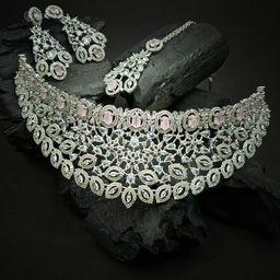 StileAdda Silver-Plated Pink & White CZ-Studded Jewellery Set-image-55