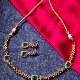 StileAdda Women Gold-Plated Green American Diamond Studded Jewellery Set-56