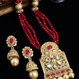 PANASH Red Gold-Plated Kundan Studded Handcrafted Jewellery Set-49