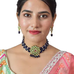 ROHINIKA Gold-Plated Navy Blue Kundan Studded Long Jewellery Set-15