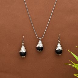 Silvermerc Designs Silver-Plated & Black Stone Pendant With Earrings-image-89