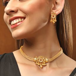 Rubans Gold-Plated Green & Red Stone Studded Jewellery Set-picture-4