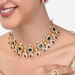 Zaveri Pearls Gold-Plated Pink & Green Stone Studded Jewellery Set-37