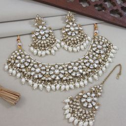 I Jewels Gold-Plated Kundan Studded & Pearls Beaded Choker Jewellery Set-picture-22