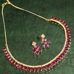ZENEME Gold-Plated Pink AD Studded & Beaded Jewellery Set-image-94
