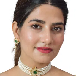 ROHINIKA Gold-Plated White & Green AD Studded & Beaded Jewellery Set-picture-11