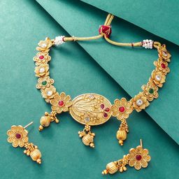 aadita Gold-Plated Green & Red Stone-Studded & Beaded Jewellery Set-image-47