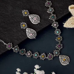 ATIBELLE German Silver Plated Stones & Studded & Beaded Jewellery Set-23