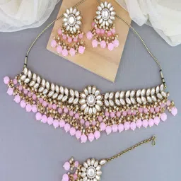 I Jewels Gold-Plated Stone Studded & Beaded Jewellery Set-image-39