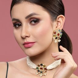 PANASH Gold-Plated Stone Studded Choker Jewellery Set-image-37