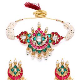 Zaveri Pearls Magenta & Green Gold-Plated Meenakari Jewellery Set-image-13