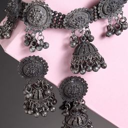 Arrabi Oxidised Silver-Toned Ghungaroo Jewellery Set-picture-23
