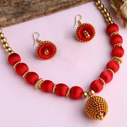 AKSHARA Girls Gold-Plated & Red Silk Thread Jewellery Set-image-94