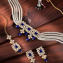Peora White & Blue Gold-Plated Pearls & Kundan Studded Jewellery Set-8