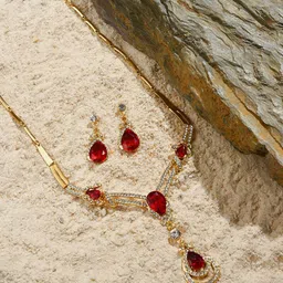 SOHI Gold Plated Red Colored White Stone Studded Jewellery Set-0