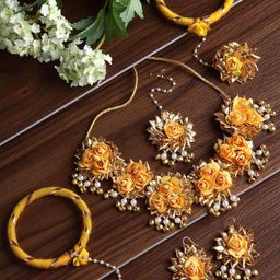 ZENEME Yellow & White Pearl Gota Patti Flower Jewellery Set-26