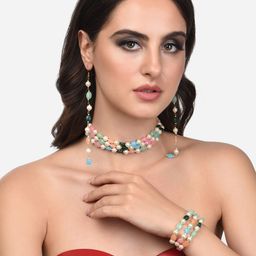 Zaveri Pearls Gold-Plated Pink & Blue Beaded Jewellery Set-image-86