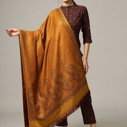 HANDICRAFT PALACE Women Mustard Yellow Woven Design Paisley Shawl-picture-26