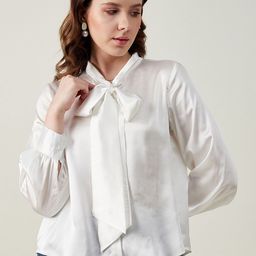 JUNE & HARRY Tie-Up Neck Satin Shirt Style Top-image-48