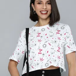 Flying Machine Women White Typography Printed Pure Cotton Boxy T-shirt-picture-22