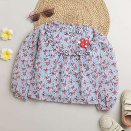 Tiny Girl Floral Printed Puff Sleeves Ruffled Top-47