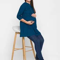 AV2 Turquoise Blue Mandarin Collar Empire Longline Maternity Top & Plus Size-image-89