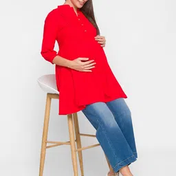 AV2 Red Mandarin Collar Shirt Style Longline Top-image-3