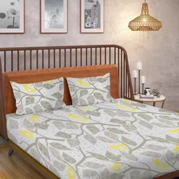 Huesland Grey & White Floral 144 TC Cotton King Bedsheet with 2 Pillow Covers-image-93
