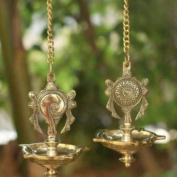 PujaNPujari Gold Toned  2 Pcs Hanging Shankh Chakra  Brass Diya-13