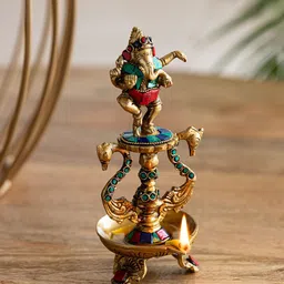ExclusiveLane Yellow & Blue Ganesha Brass Diya-23