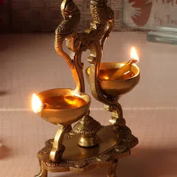 Two Moustaches Peacock Design Twin Oil Wick Brass Diya-24