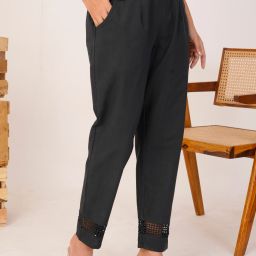 Women Regular Fit, Straight Fit Black Pure Cotton Trousers-image-3